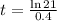 t = \frac{\ln{21}}{0.4}