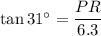 \tan 31^\circ=\dfrac{PR}{6.3}