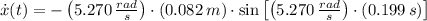 \dot x(t) = -\left(5.270\,\frac{rad}{s} \right)\cdot (0.082\,m)\cdot \sin \left[\left(5.270\,\frac{rad}{s} \right)\cdot (0.199\,s)\right]