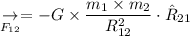 \underset{F_{12}}{\rightarrow} = -G \times \dfrac{m_1 \times m_2}{R_{12}^2} \cdot \hat R_{21}