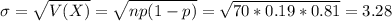 \sigma = \sqrt{V(X)} = \sqrt{np(1-p)} = \sqrt{70*0.19*0.81} = 3.28