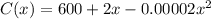 C(x) = 600 + 2x - 0.00002x^2