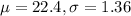 \mu = 22.4, \sigma = 1.36