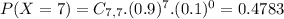 P(X = 7) = C_{7,7}.(0.9)^{7}.(0.1)^{0} = 0.4783