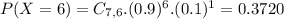 P(X = 6) = C_{7,6}.(0.9)^{6}.(0.1)^{1} = 0.3720