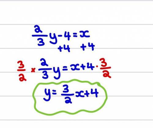 Solve for y in terms of x.

2/3y-4=x 
A y= 3/2x+6
B y=-2/3x+4 
C y=-3/2x+6 
D 2/3x+4
