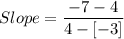 Slope= \dfrac{-7-4}{4-[-3]}\\