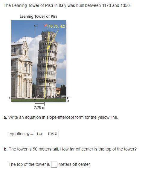 The tower is 56 meters tall. How far off-center is the top of the tower? The top of the tower is x m