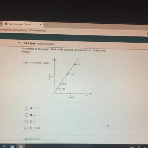 According to the graph, what is the value of the constant in the equation below? Height = Constant -