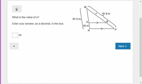 What is the value of x? Enter your answer, as a decimal, in the box. Triangle M N P with segment A B
