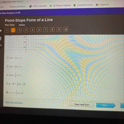 Which equations and/or functions represent the graphed line? Select three options.