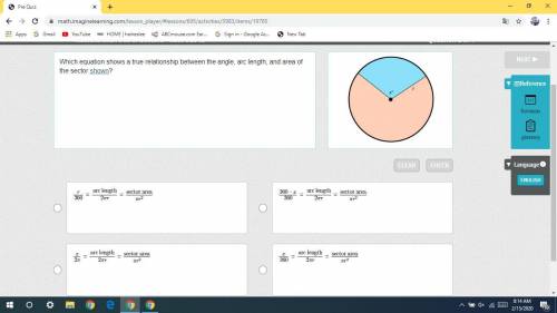 Which equation shows a true relationship between the angle, arc length, and area of the sector shown