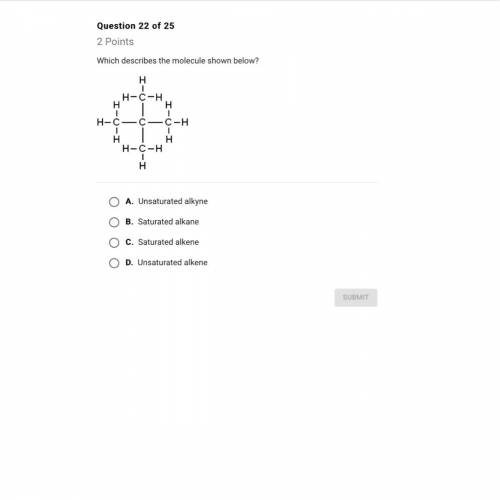 Which describes the molecule shown below? Image is above A.Unsaturated alkyne B.Saturated alkane C.S