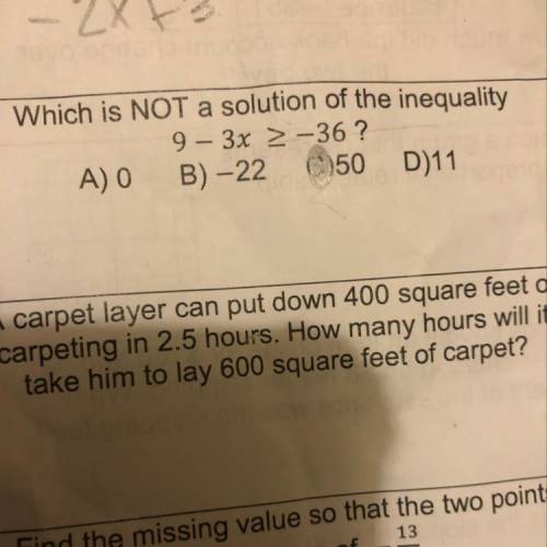 What’s not a solution of the inequality 9-3x>-36