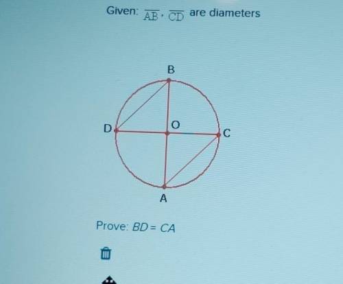 Given AB, CD are diameters prove BD=CAstatement reason1 blank blank2 m<DOB = M<COA blank3 blan