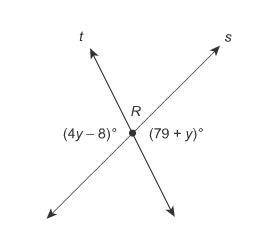 PLS HELPThe lines s and t intersect at point R.What is the value of y?Enter your answer in the box.y