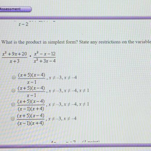 What is the product in simplest form? State any restrictions on the variable. x^2+9x+20/x+3 •x^2-x-1