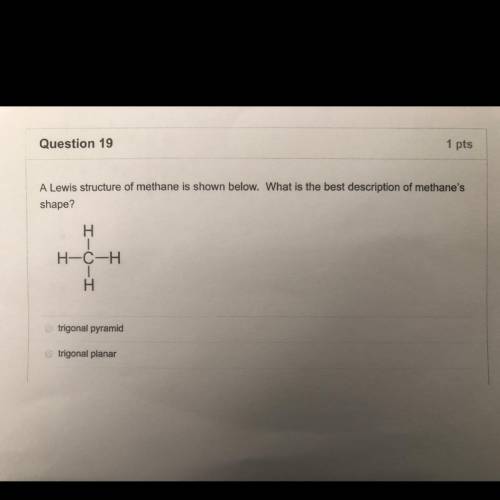 A Lewis structure of methane is shown below. What is the best description of methane’s shape? A. Tri