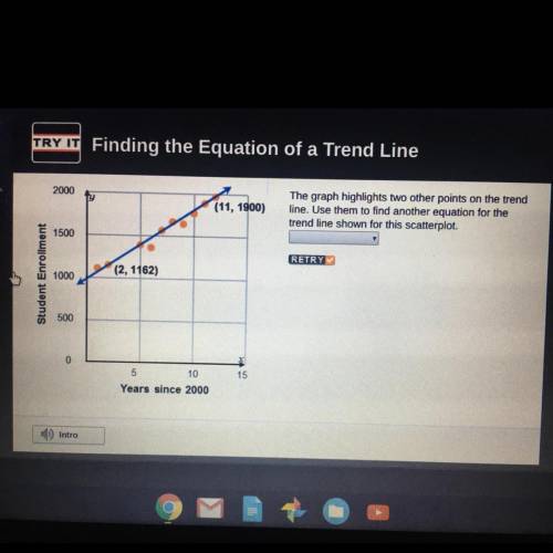 The graph highlights two other points on the trend line. Use them to find another equation for the t