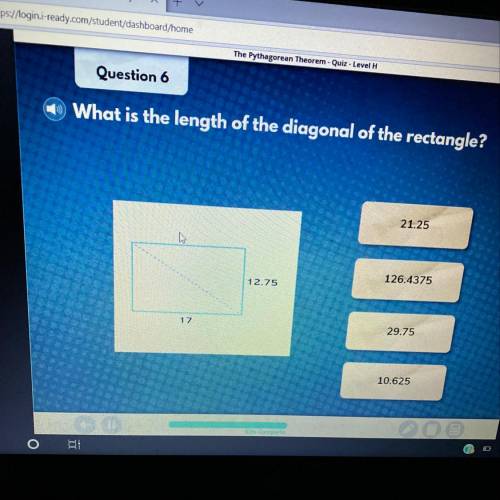 What is the length of the diagonal of the rectangle? 21.25 12.75 126.4375 29.75 10.625