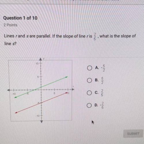 Lines rand s are parallel. If the slope of line ris what is the slope of 2/5 line ?