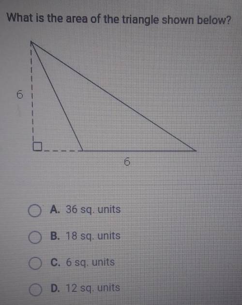 What is the area of the triangle shown below?A. 36 sq. unitsB. 18 sq. unitsc. 6 sq. unitsD. 12 sq. u