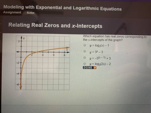 Which equation has real zeros corresponding to the x-intercepts of the graph? A. y=log3(x)-1 B. y=3^