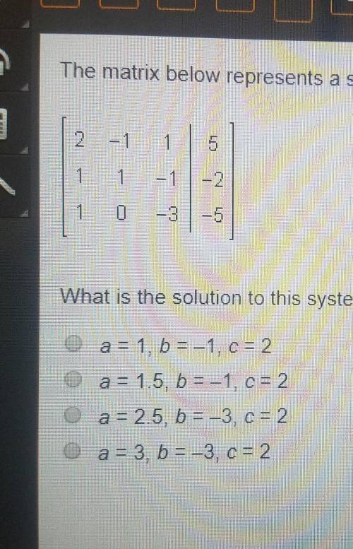 The matrix below represents a system of equations.2-1 1510-3What is the solution to this system of e