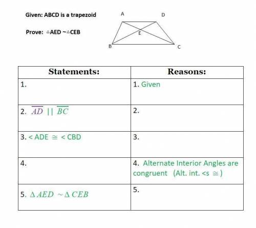 Proving triangle similarities Given ABCD is a trapezoidProve triangle AED is approximately triangle