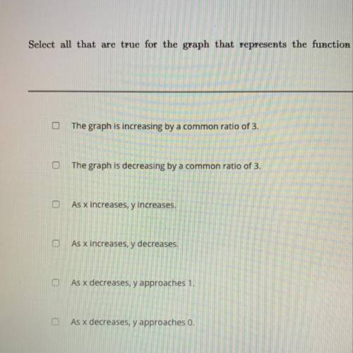 Select all that are true for the graph that represents the function f(x) = 5(3) PLEASE HELP!!!