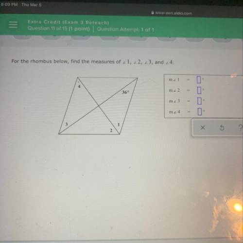 For the rhombus below, find the measures <1,<2,<3, and <4