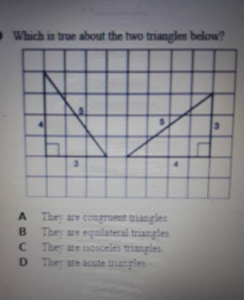 Which is true about the two triangles below?A. They are congruent trianglesB. They are equilateral t