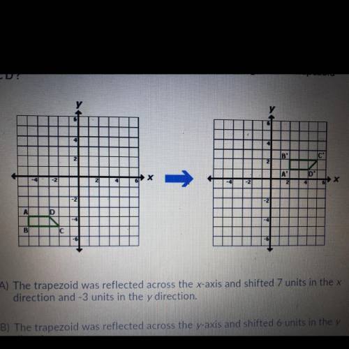 Which of the following shows why trapezoid ABCD is congruent to trapezoid A'B'C'D? O A) The trapezoi