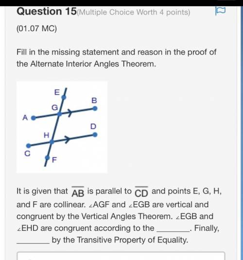 PLEASE HELP!!  A)Corresponding Angles Theorem; ∠AGF and ∠EHD are congruent B)Alternate Exterior Angl