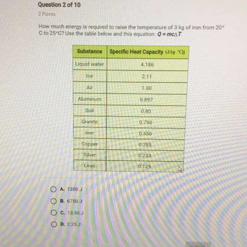 How much energy is required to raise the temperature of 3 kg of iron from 20° C to 25°C? Use the tab