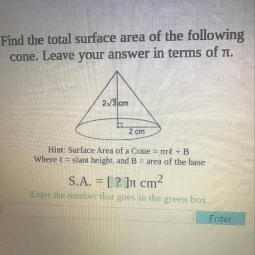Find the total surface area of the following cone. Leave your answer in terms of pi.
