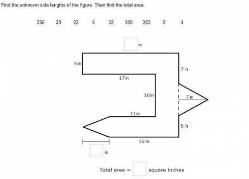 Find the unknown side lengths of the figure. Then find the total area. NUMBERS YOU CAN USE: 256, 28,