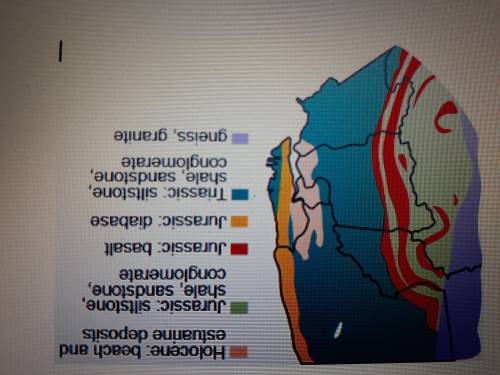 Which are the newest rocks on this geologic map? A) genesis, granite B)basalt C)beach and estuarine