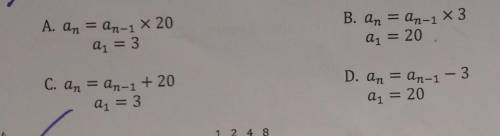 Use the explicit rule given to write recursive rule for the geometric sequence:a_n = 20(3)^(n-1)