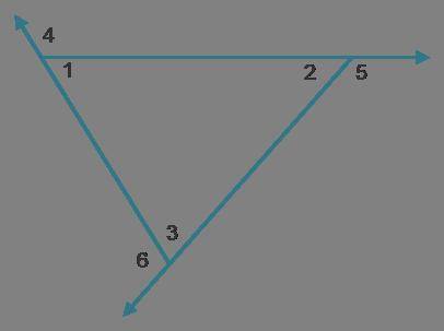 Examine the diagram. It is not drawn to scale. A triangle has angles 1, 2, 3. The exterior angle to