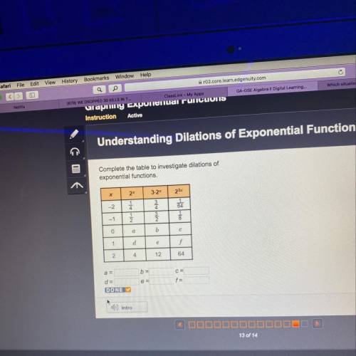 Complete the table to investigate dilations of exponential functions. 2 3.22 a = d = DONE Intro DIDI