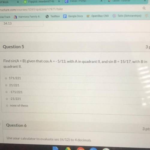 Find sin(A+B) given that cos A=-5/13 and sin B=15/17