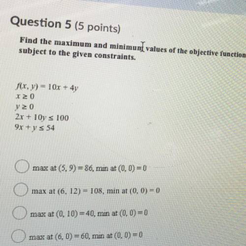 Find the maximum and minimunt values of the objective function f(x, y) and for what values of x and