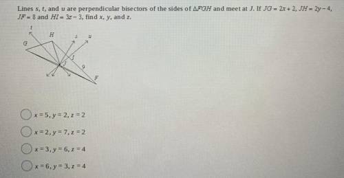 Lines s, t, and u are perpendicular bisectors of the sides of FGH and meet at  J. If JG = 2y - 4, JF