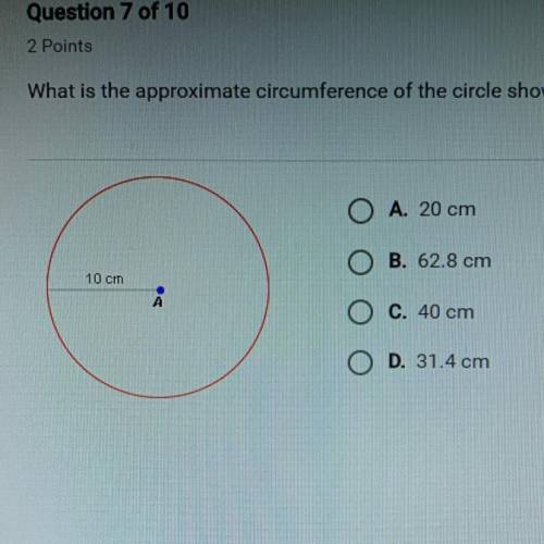 What is the approximate circumference of the circle shown below? Plz help