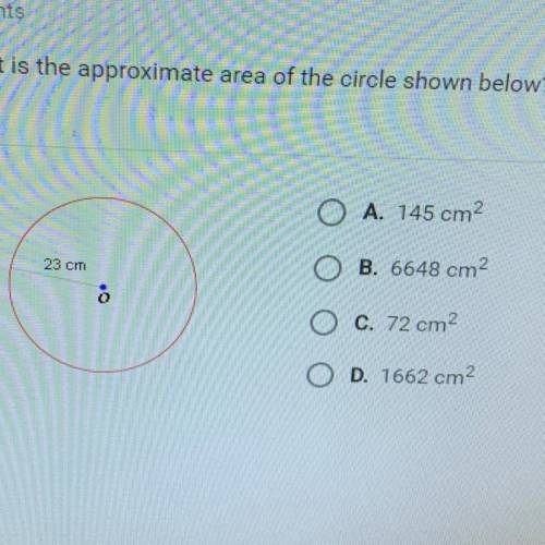 What is the approximate area of the circle shown below? ???? Help ???