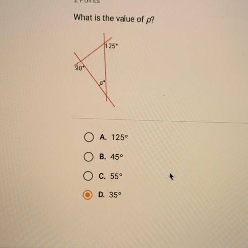 What is the value of p? ОА. 125° Ов. 45° Ос. 55° Op. 35°