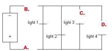The circuit shown in the picture can be broken in four places. Which places can the circuit be broke