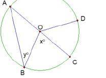 Given circle O, angle A has a measure of 36° and the radius is 10 cm, find the values of x and y.