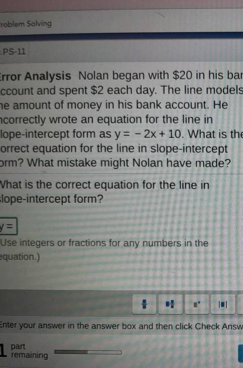 Nolan began with $20 in his bank account and spent $2 each day. The line models the amount of money
